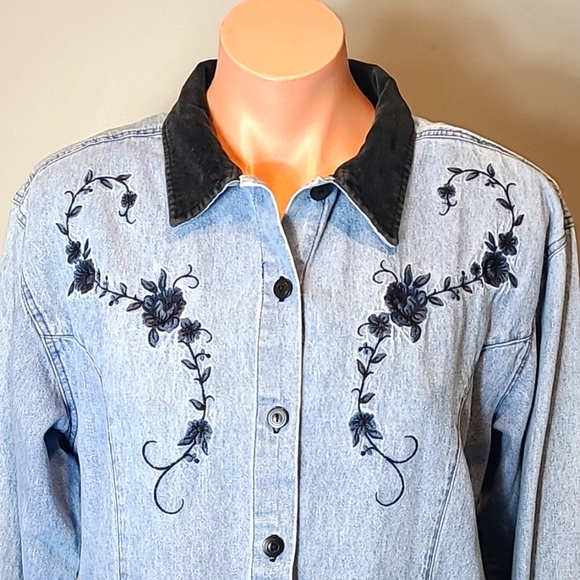 Vintage Shirt Velvet Collared Western Bohemian 90s Country Chambray Denim Medium - Picture 2 of 9